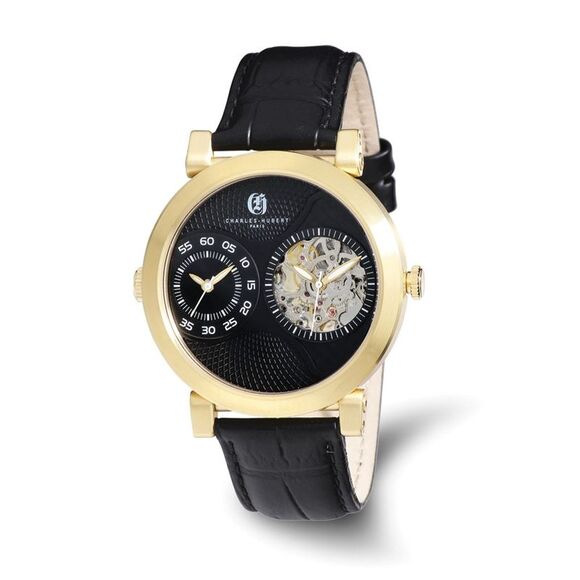 Kazi Luxury Charles Hubert IP-plated Leather 46mm Dual Time Watch